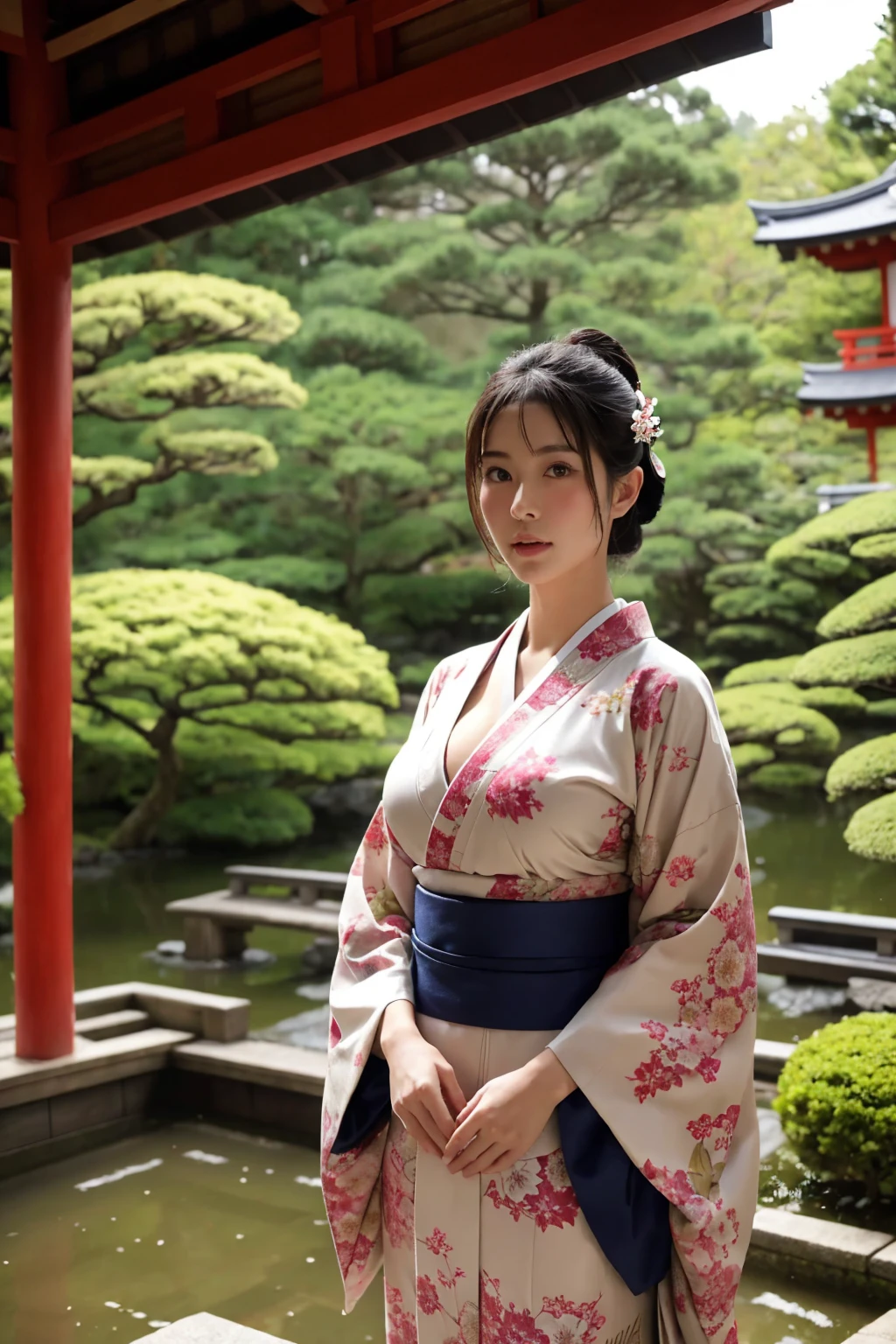 standing in a Japanese garden、shrine、Temple、Beautiful woman、Very large breasts、(looking at viewer)、nature、kimono、Japanese clothing、Details of the skin、real、Dim lighting、mysterious、A scene from a movie