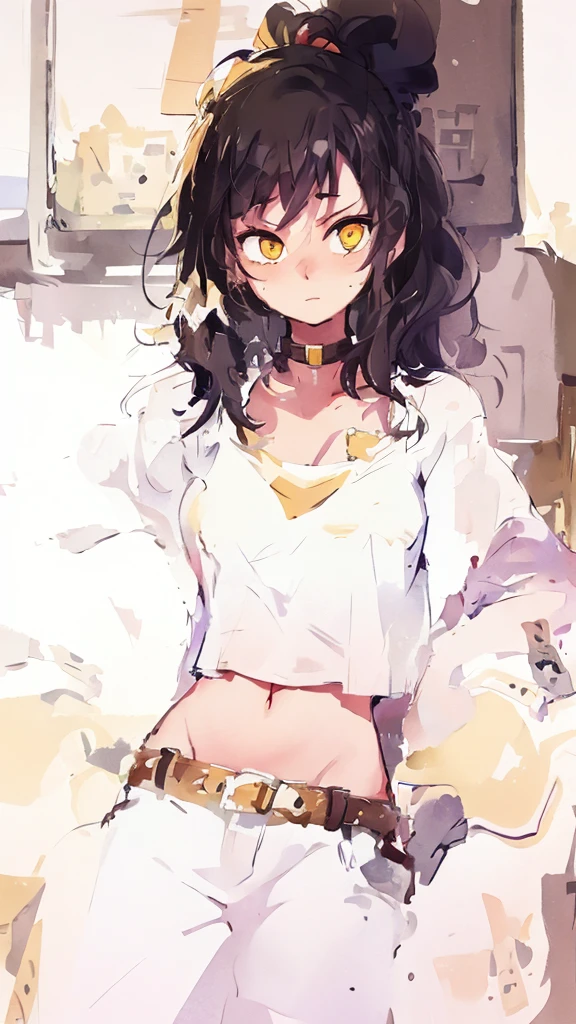 ((best quality, masterpiece)),
One girl, black messy hair, white on background, yellow eyes, , happy,