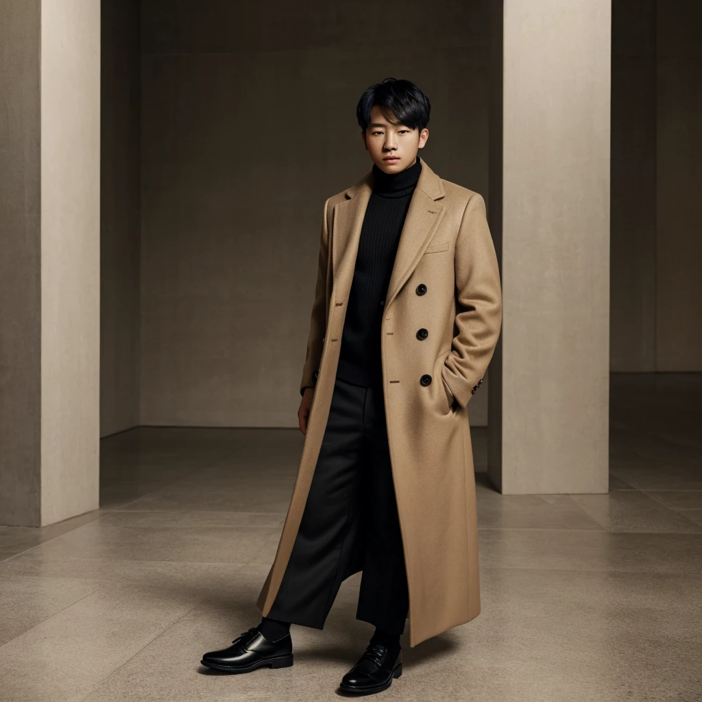 portrait of a korean boy with white hair and black eyes, wearing a black turtleneck sweater and a long beige coat, wide black pants, beautiful shoes, detailed face, realistic, 8k, masterpiece, cinematic lighting, dramatic shadows, photorealistic, highly detailed, hyperrealistic