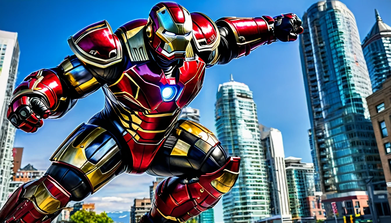 Hulkbuster-like suit ready for battle, Downtown Vancouver, high-quality artwork, realistic style, vibrant colors, detailed metal armor, intense lighting, cityscape background, heroic pose, dramatic shadows, black suit with red stripe highlights, repulser cannons on shoulders, dynamic motion, slams fist into the ground,, hockey goalie faceplate, hockey goalie visor, grey visor covering face, epic superhero