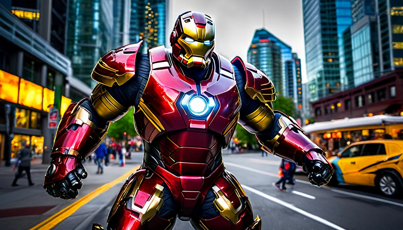 Hulkbuster-like suit ready for battle, Downtown Vancouver, high-quality artwork, realistic style, vibrant colors, detailed metal armor, intense lighting, cityscape background, heroic pose, dramatic shadows, black suit with red stripe highlights, repulser cannons on shoulders, dynamic motion, slams fist into the ground,, hockey goalie faceplate, hockey goalie visor, grey visor covering face, epic superhero
