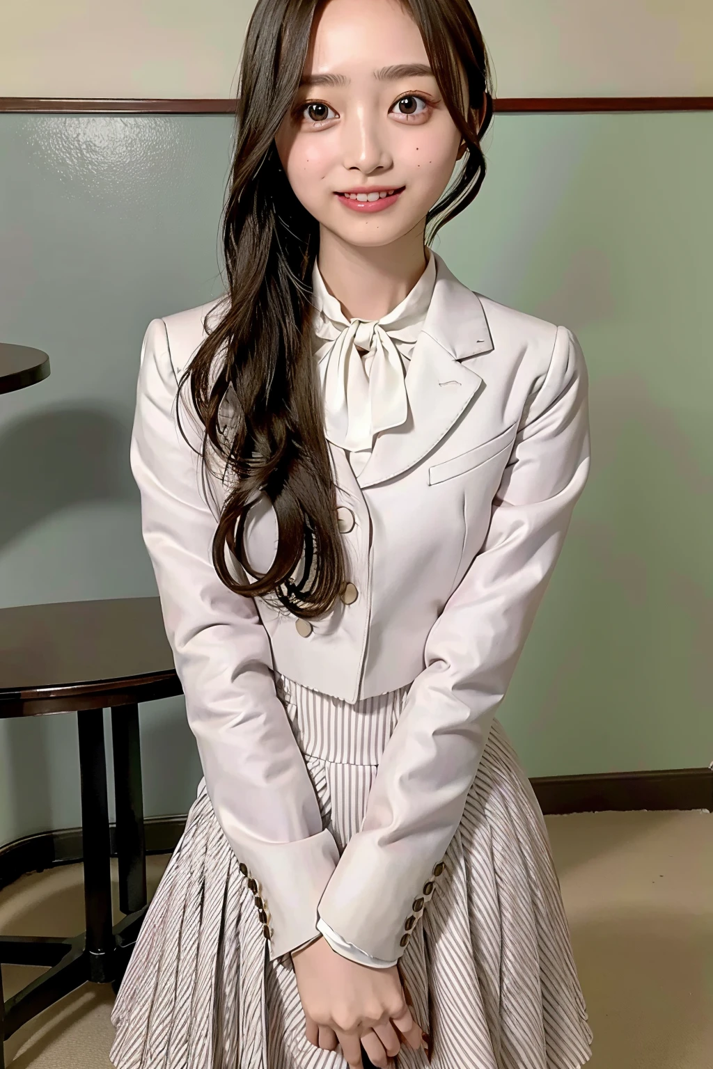 Ultra-high resolution,big eyes,((brown eyes)),Japanese,(forehead),(a girl),(1 girl),(()),(cute),pretty,((facing at viewer)),arms behind back,grin