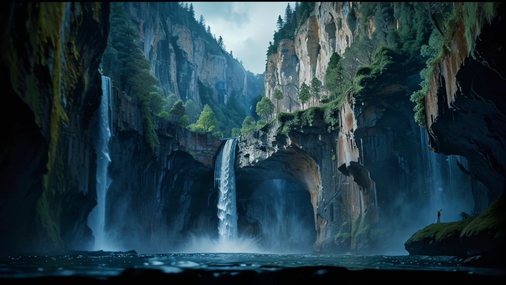 cinematic film still waterfall flowing over a giant cliff, HDR, 8K, shallow depth of field, vignette, highly detailed, high budget Hollywood film, bokeh, cinemascope, moody, epic, gorgeous, film grain