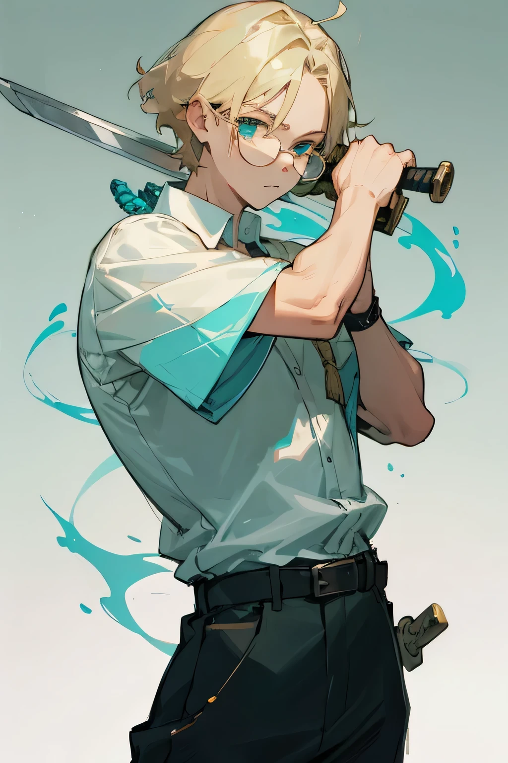 boy, blond, medium length hair, turquoise eyes, white short sleeve shirt, black trousers, round glasses with yellow lenses, sword rope weighs on belt