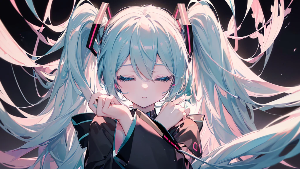 ((Black background)), (Eyes closed)), (((Hatsune Miku))), (((Highest quality、masterpiece、Ultra-fine、Ultra-fine、Exquisite、16K、Full HD,high school girl,))) 、Dark Eyes、Long eyelashes、White skin、(Pale pink cheeks、thin and long)、 ((cute)) ((One person)) 、((Black background))
