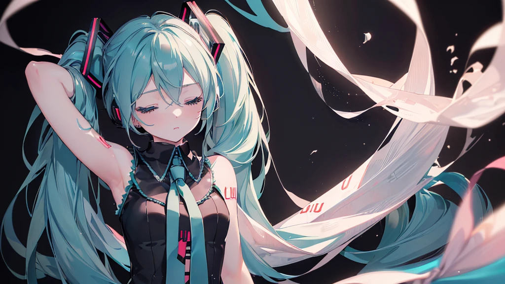 ((Black background)), (Eyes closed)), (((Hatsune Miku))), (((Highest quality、masterpiece、Ultra-fine、Ultra-fine、Exquisite、16K、Full HD,high school girl,))) 、Dark Eyes、Long eyelashes、White skin、(Pale pink cheeks、thin and long)、 ((cute)) ((One person)) 、((Black background))