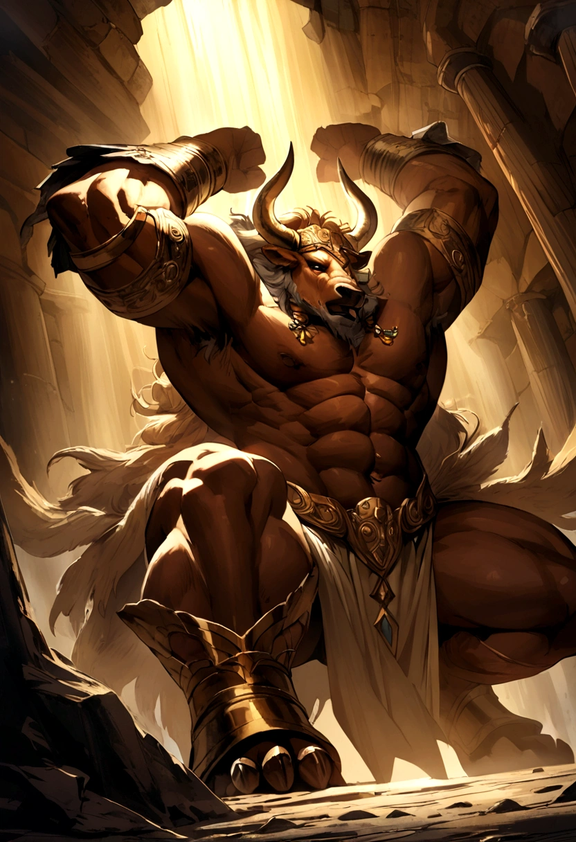 ultra-detailed, masterpiece, masterwork, high quality, best quality, hdr, (nature, night), posted on e621, (by darkgem), nsfw, male, solo, (white little body minotaur), dragon, (long  golden hair, yellow eyes, white body, roar), stylish pose, dynamic angle, (bulge loincloth, pubic hair)