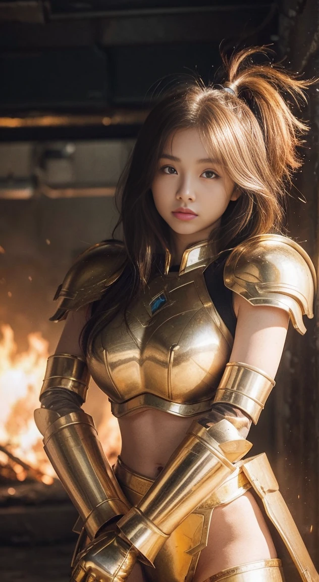 (Masterpiece), (Best Quality), (1 Girl), Girl in Golden Armor, Cool Pose, Battlefield Background, Fire Background, Saint Seiya Armor, Messy Hair, Broken Armor, Ragged Clothes