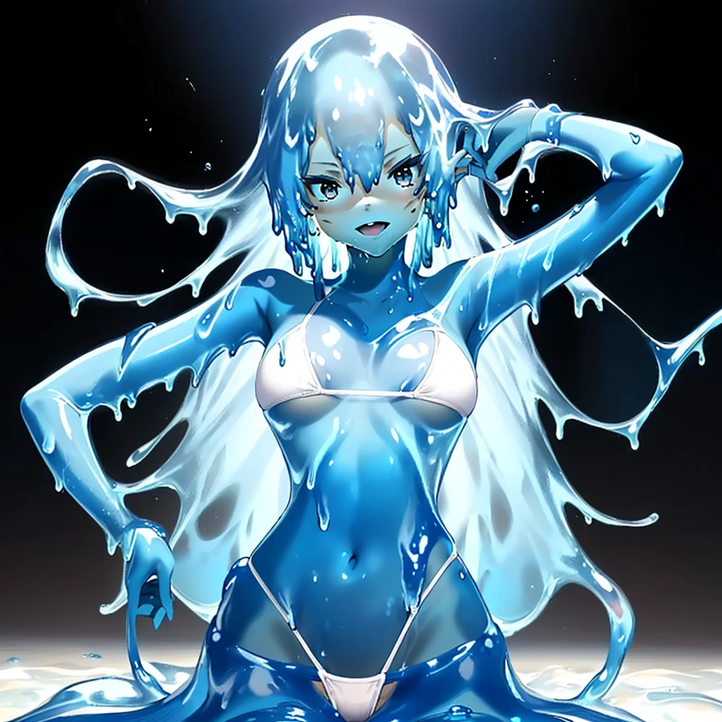 a young woman in a bikini with (((blue hair))), with ((((((blue skin)))))), ((((((slime girl)))))), Blue Water Anime Wallpaper, character is covered in liquid, freezing blue skin, water demon, glowing blue, anime monster girl, luminous water elemental, (((white thong bikini)))