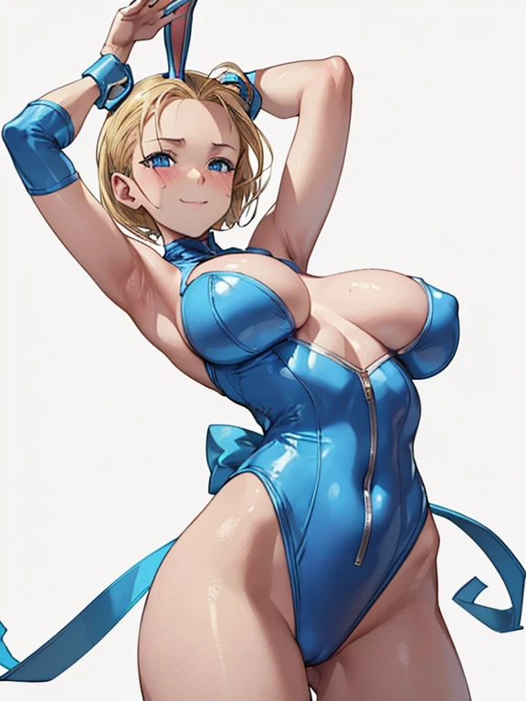 cammy sf6, 1girl,solo,blonde hair, short hair,blue eyes, large breast, scar on cheek , transparent bunnysuit, bunny ears, playboy bunny, translucent bunnysuit, arms behind back, smile, blush, white background