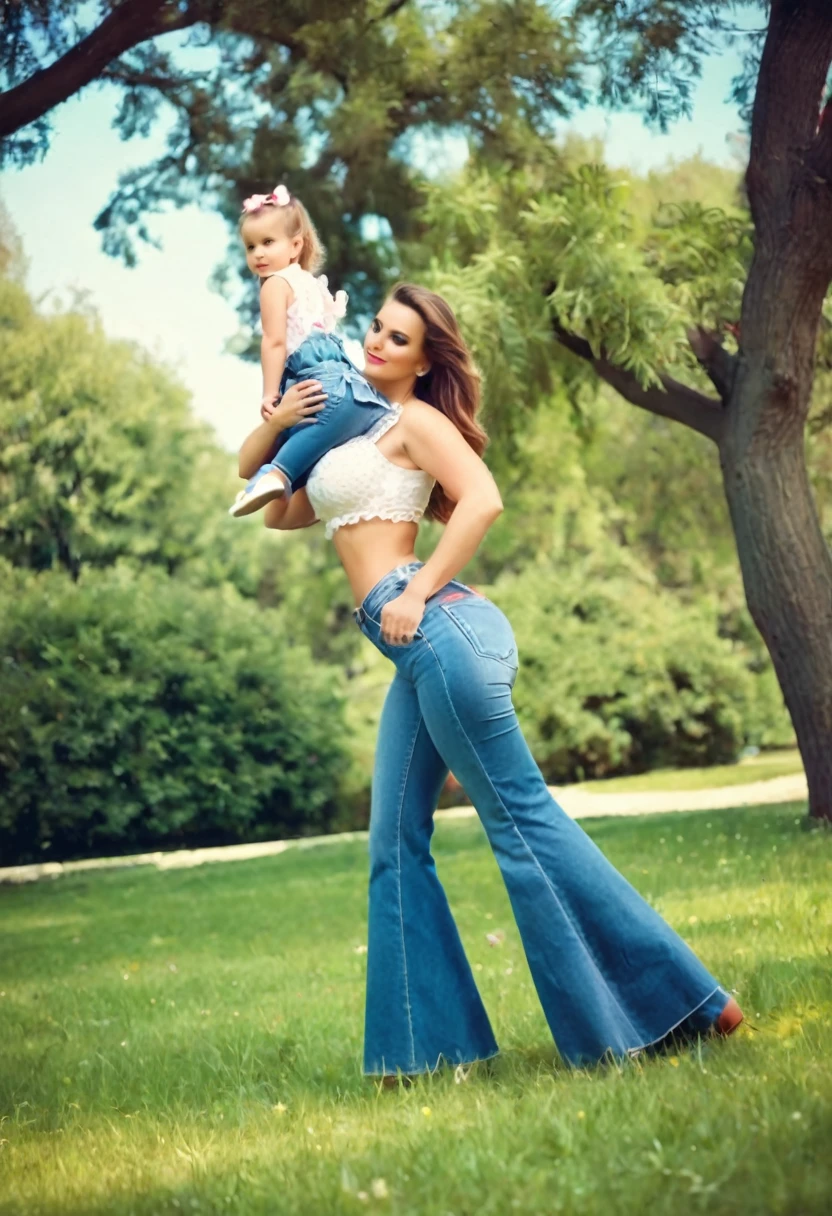 young mother with daughter in jeans with flounce in park, sexy pose, big , deep focus, vintage film grain, color correction retro style, soft lighting,