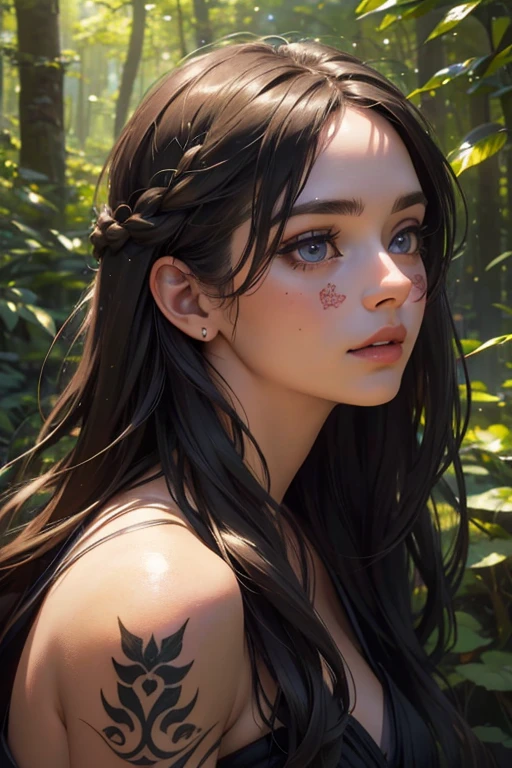 a wild and free girl, beautiful detailed eyes, beautiful detailed lips, extremely detailed eyes and face, long eyelashes, adventurous expression, flowing hair, intricate tribal tattoos, flowing dress, wilderness forest backdrop, sunlight filtering through trees, natural lighting, vibrant colors, (best quality,4k,8k,highres,masterpiece:1.2),ultra-detailed,(realistic,photorealistic,photo-realistic:1.37),detailed portrait