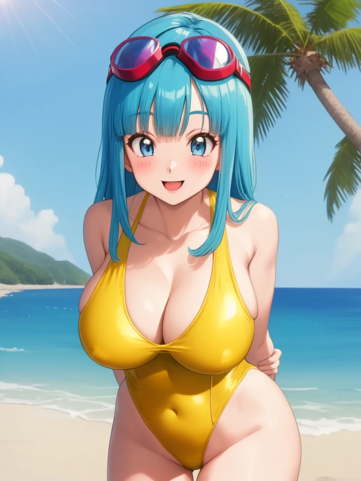 best quality,masterpiece,maron, beach, ocean, ((yellow one-piece swimsuit)), blue eyes, aqua hair, goggles on head, smile, happy, blush, blunt bangs, long hair cleavage,arms behind back, contrapposto,leaning forward,huge breasts,1girl, solo