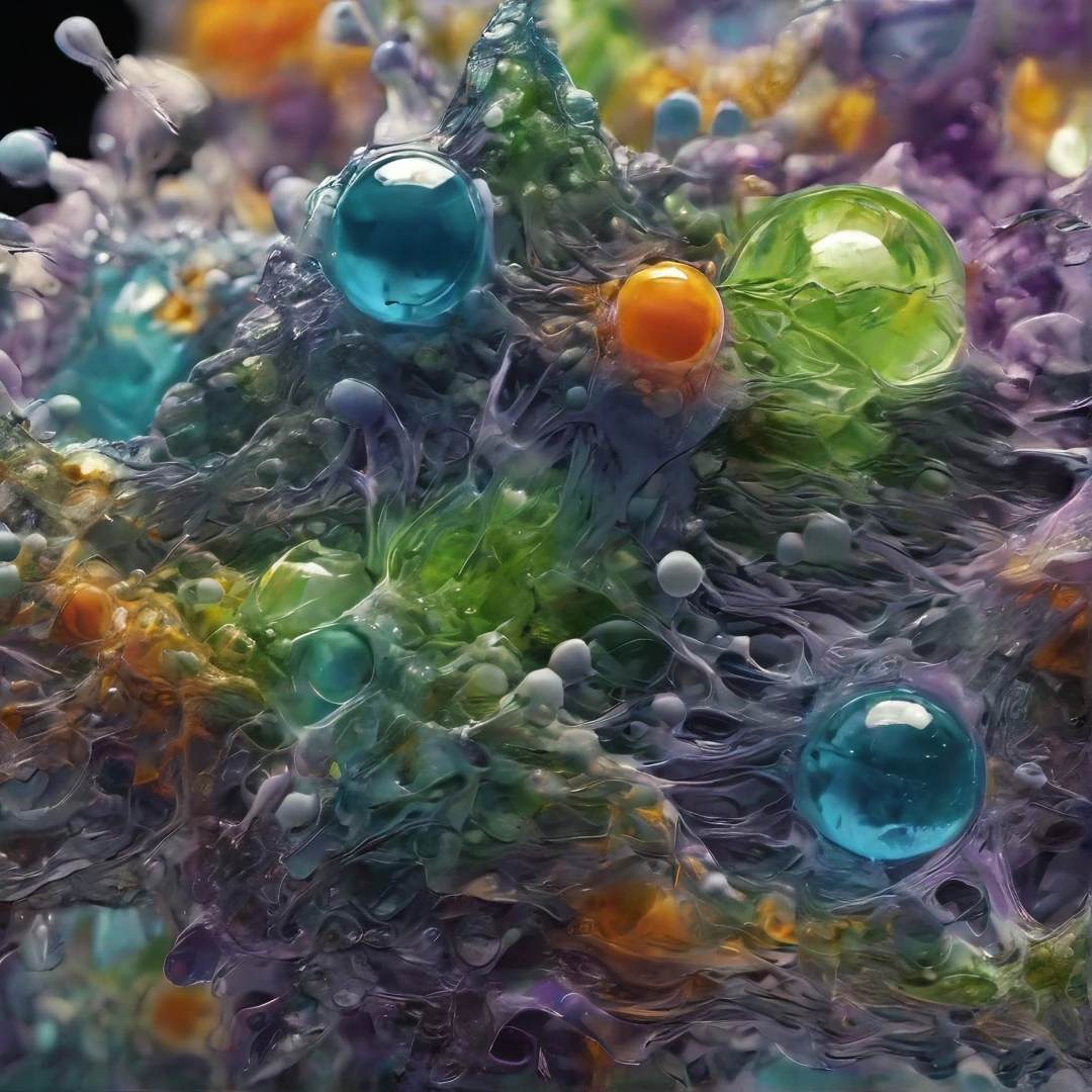 microscopic imaging, oddly satisfying, photograph of a molecule, photo realist, microscopic photography, fluctuations of energy flows, transformations of materials and states, compressions gradient transitions, liquid time, advanced chemistry, futuristic, green and purple colors, bluish, intense colors, cinematographic, incredible