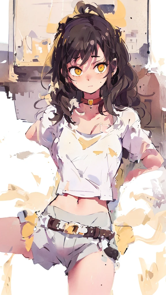 ((best quality, masterpiece)),
One girl, black messy hair, white on background, yellow eyes, 16 years old, happy,