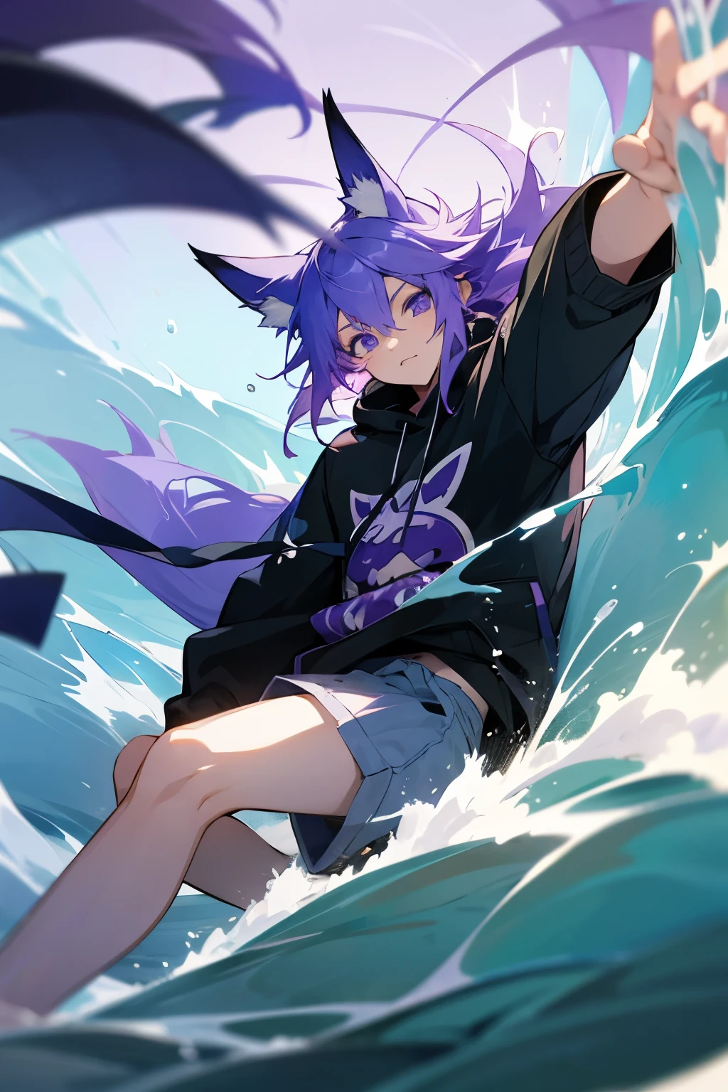 (style of anime) boy, fox ears, water drag chifres, long light purple hair, blue water dragao stream, black sweatshirt with purple lines, cargo shorts with some cute stickers