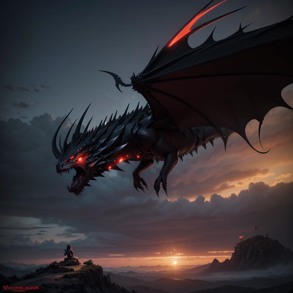 black dragon with white edges and a red star on its chest, observing a kingdom from a hilltop during dawn, hyper realistic, 8k, highly detailed, vibrant colors, dramatic lighting, cinematic composition, epic fantasy, concept art