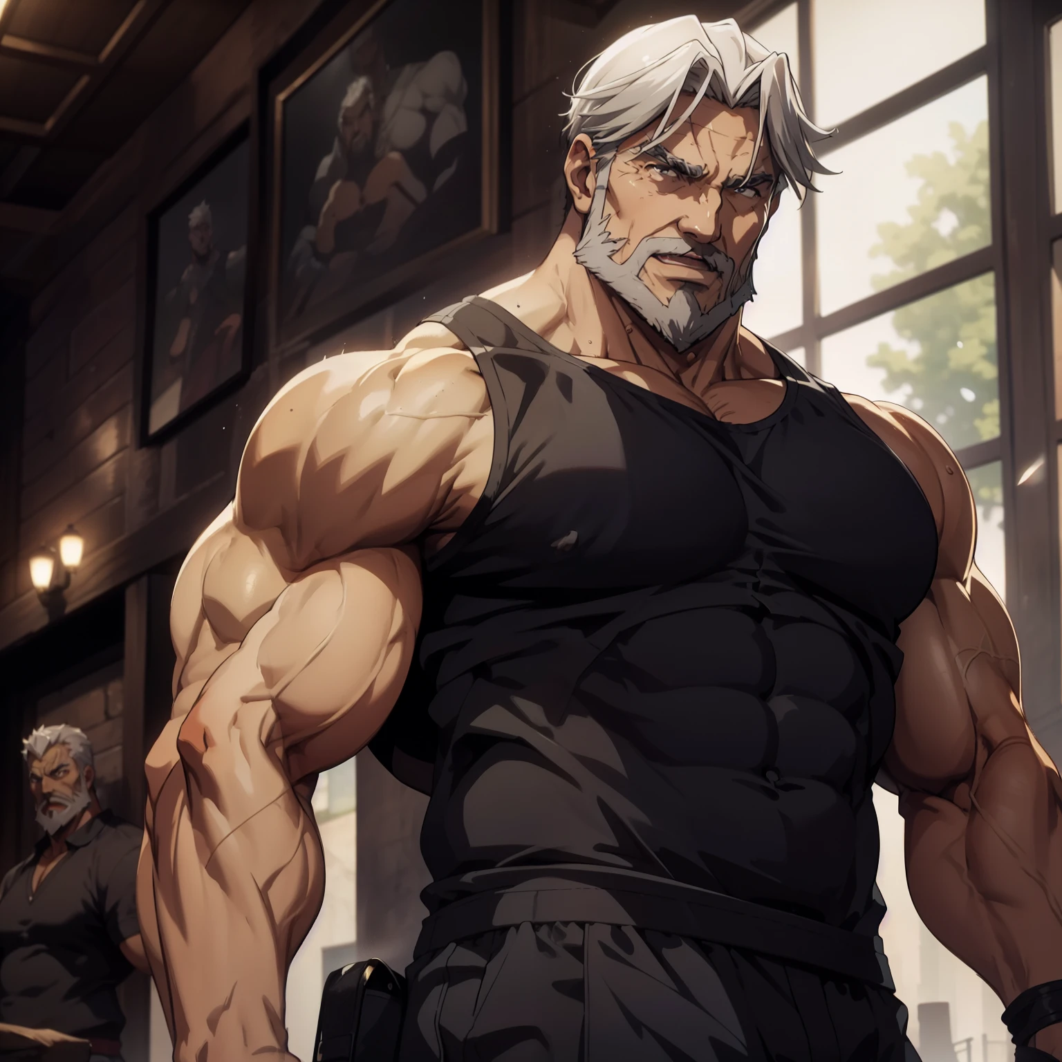 One sebas, one man, 1man, very lewd, Stately, lateral view, below point of view, fully body, aged 50, short gray hair , thick gray beard, dark olive skin color, wide pectorals, huge pecs, sultry posing, he is in fourth, laughing at the spectator, wearing a tight white tank top, body soaking wet, bare arms, large bulge in the groin, thick-thighs, Wonderful highly detailed masterpiece, beautiful cinematic light deep focus, chic, digitalpainting, seeds, sharp focus, golden ratio, dramatic lighting, 8K