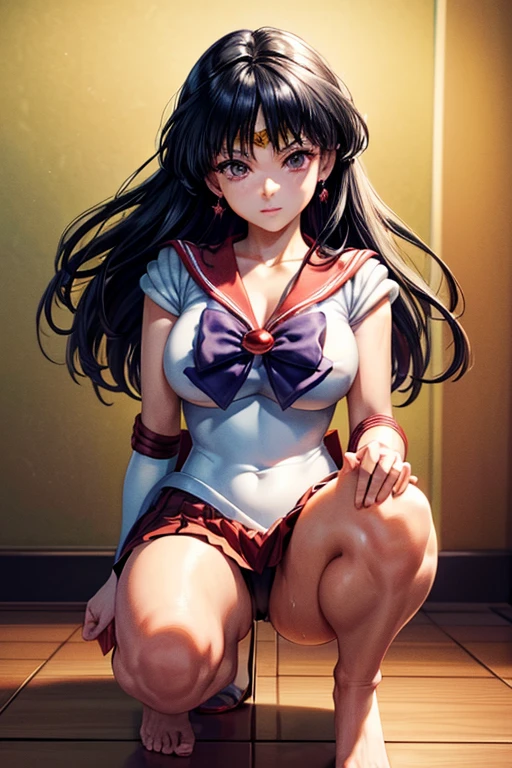 (Highly detailed CG Unity 8k wallpaper), (masterpiece), (Highest quality), (Super detailed), (Best illustrations), (Best Shadow), (Absurd), (Highly detailed CG Unity 8k wallpaper), Break Girl, Sweat, vapor, Mid-chest, shy, Detailed hands, Sailor Mars,I'm injured、On one knee、Crippling