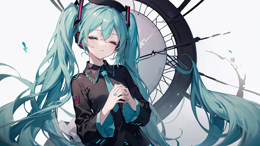 ((Black background)), (Eyes closed)), (((Hatsune Miku))), (((Highest quality、masterpiece、Ultra-fine、Ultra-fine、Exquisite、16K、Full HD,high school girl,))) 、Dark Eyes、Long eyelashes、White skin、(thin and long)、 ((cute)) ((One person)) 、((Beautiful hands))