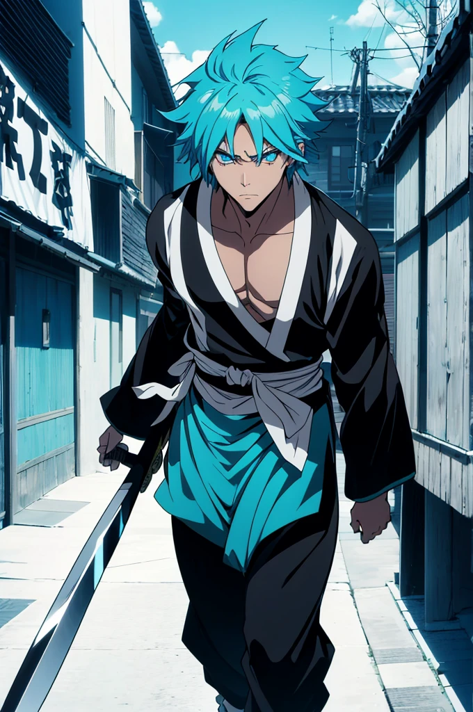 1 man, muscle, cyan hair, bleach style, with a katana, black kimono, male focus, masterpiece, 16k, uhd, high definition, full body, image of full body, all body, beautiful eyes, (((perfect eyes))), (((detailed eyes))) 