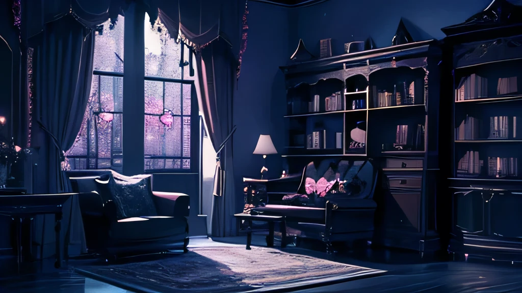 A highly detailed, There is a loft at the back、gothic-style illustration of a spacious indoor room at night, with a wide composition showcasing a gothic-style bed, a chandelier, gothic-style furniture, bookshelves, and a plush rug, all bathed in a moody, dark atmosphere with a beautiful night sky visible through the lace curtains, featuring a crescent moon and twinkling stars, masterpiece, (best quality,8k,ultra-detailed,hyper-realistic,extremely detailed),(intricate,gothic,dark fantasy:1.2),dramatic lighting,moody atmosphere,cinematic,elegant,luxurious interior,minimal human presence,(pink and black color palette:1.1),ethereal,mystical,atmospheric,studio lighting,physically-based rendering、large room、Soft moonlight、(cute room)