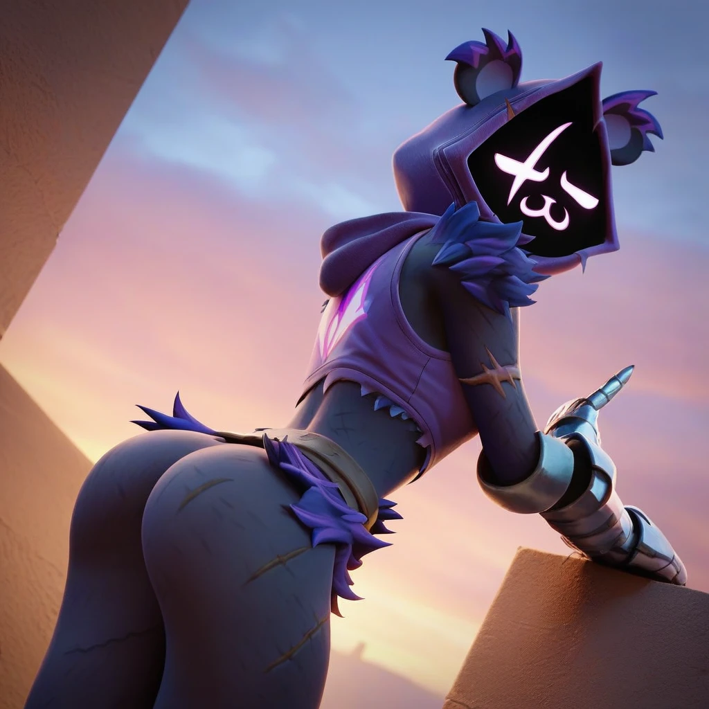 Raven team leader,purple hoodie, with no face, shadowed face, animal ears,purple skin, scar on eye, body skin, purple fur, waist belt, torso symbol, metal gloves, pointing your ass at the viewer, leaning forward, pushing, she closes her eyes, hands resting on top of a small wall, arms on top of a wall with her eyes closed, expression of force. scenery and a sunny day