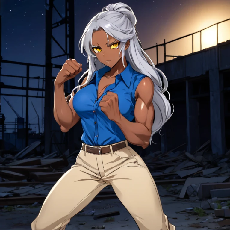 Brown skin beautiful sexy anime girl with long silver hair & yellow eyes & a muscular body, clenching her fists, fight idle pose, wearing blue sleeveless button up collared shirt & beige khaki pants, in a abandoned urban construction site at night time, 1girl