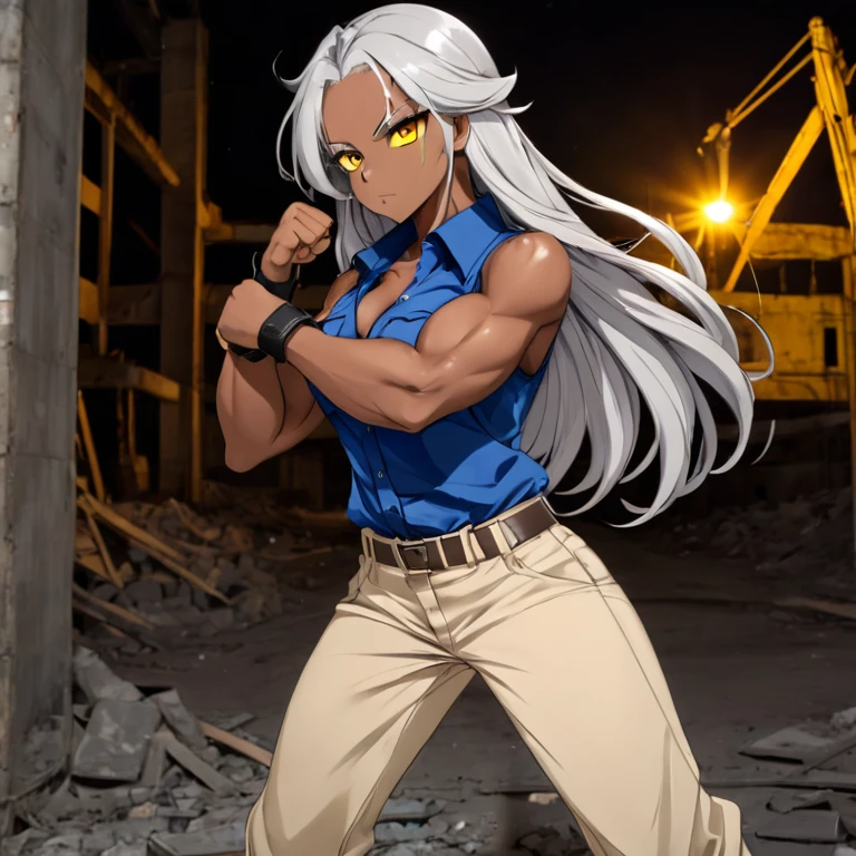 Brown skin beautiful sexy anime girl with long silver hair & yellow eyes & a muscular body, clenching her fists, fight idle pose, wearing blue sleeveless button up collared shirt & beige khaki pants, in a abandoned urban construction site at night time, 1girl