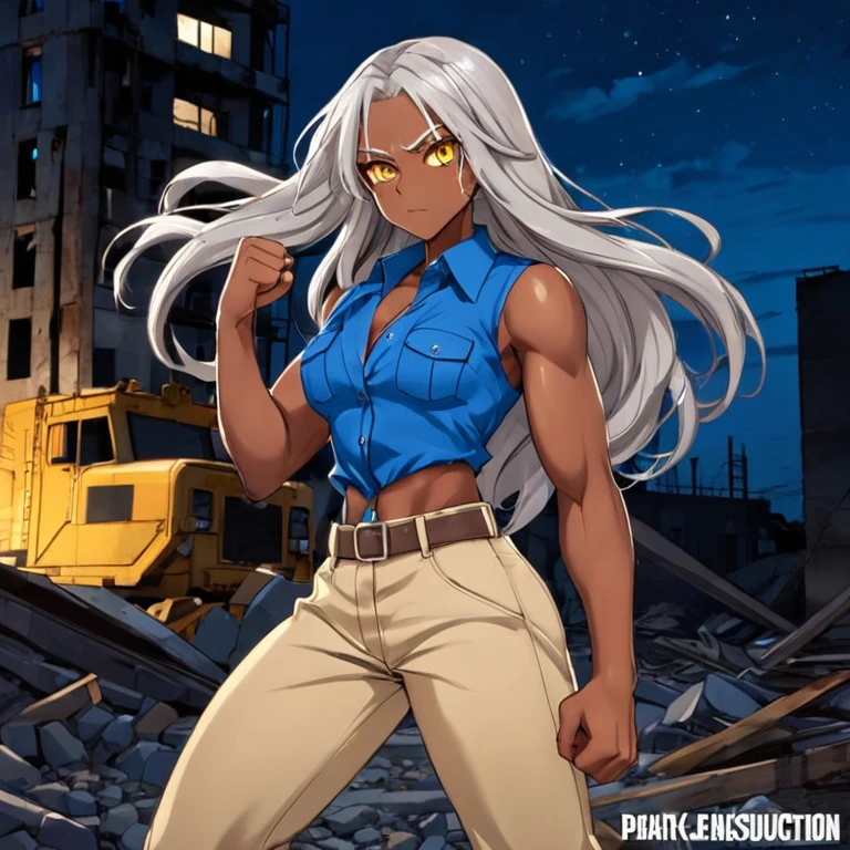 Brown skin beautiful sexy anime girl with long silver hair & yellow eyes & a muscular body, clenching her fists, fight idle pose, wearing blue sleeveless button up collared shirt & beige khaki pants, in a abandoned urban construction site at night time, 1girl
