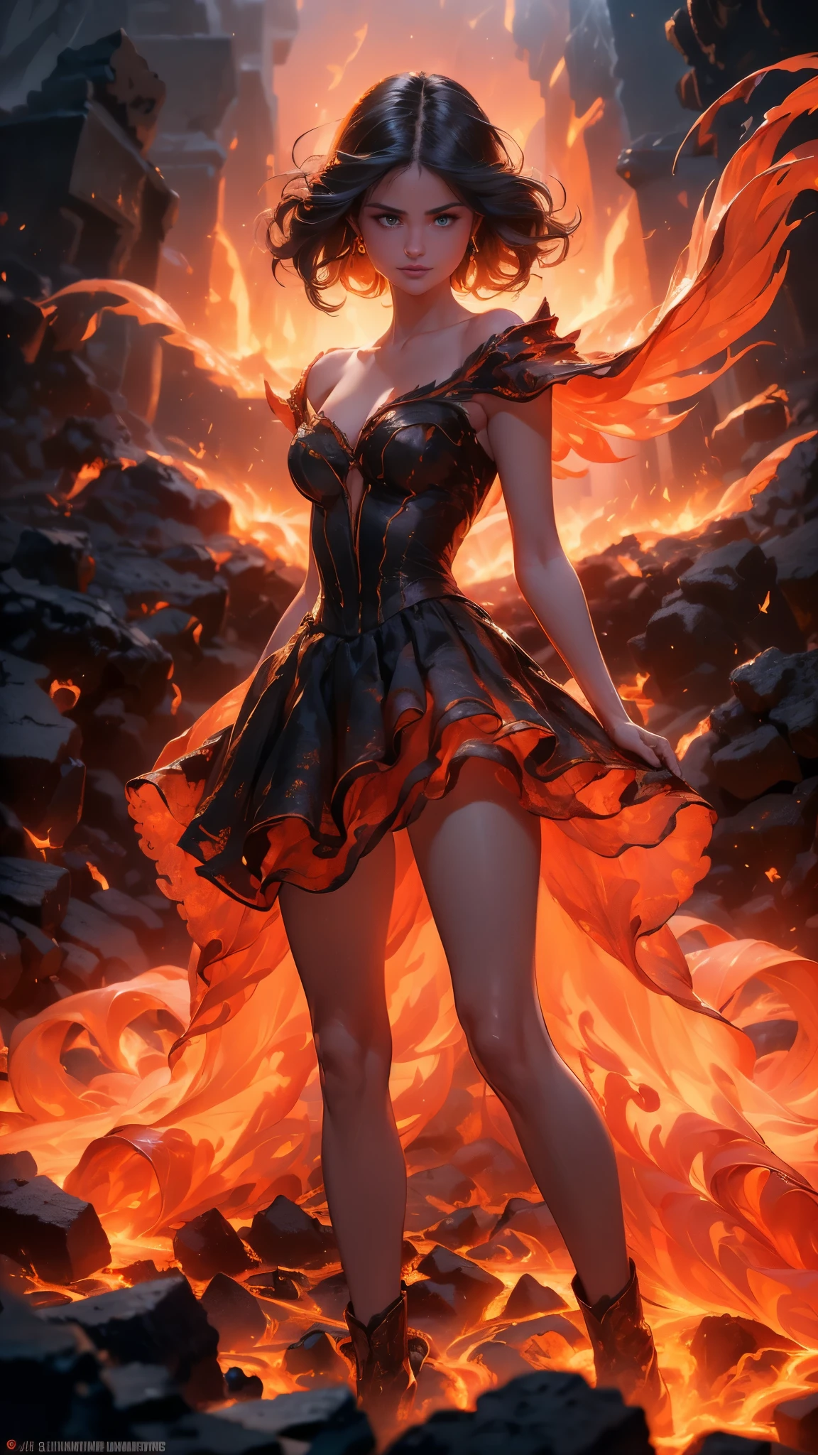 (La Best Quality,A high resolution,Ultra - detailed,current),Selena Gomez in a dress made of lava magma, (cabello elemento fuego:1.4 ) , (fire magma dress :1.4), ,(Ruined dungeon ruins background:1.4 ), More detailed 8K.unreal engine:1.4,uhd,La Best Quality:1.4, photorealistic:1.4, skin texture:1.4, Masterpiece:1.8,first work, Best Quality,object object], (detailed face features:1.3),(The correct proportions),(Beautiful blue eyes),  (dynamic cowboy pose), (Selena Gomez :1.4), (perfect anatomy :1.4),( cinematic lighting :1.4), (face detailed Selena Gomez :1.4), (magma  grandes :1.4),( magma lingerie lace style :1.4), (skirt lifted by itself: 1.1), (skirt lift: 1.3), (showing white panties: 1.3), (fire element:1.4),(It consists of a fire element, (rodeado de magma lava:1.4), (vestido de magma V2.1), (piedras grandes magma negro :1.4), (including wisps of flames:1.4) , glowing hot embers, (subtle curls of smoke:1.4) , and a beautiful fire druid. (The druid stands in the midst of a raging inferno with an interesting composition:1.4) .(lava :1.4), (essence of fire:1.4) , painting of a firery demon elemetal