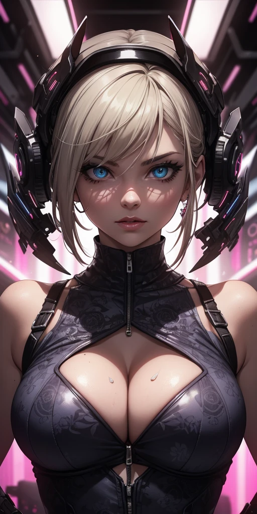 cinematic, intricate, hyper-detailed, beautiful woman, sexy futuristic sleeveless outfit, deep cleavage, perfect breasts, intricate futuristic patterns, intricate jewelry, glowing neon lights, dramatic lighting, cinematic composition, vibrant colors, glossy skin, mesmerizing eyes, full lips, detailed facial features, dynamic pose, cinematic atmosphere