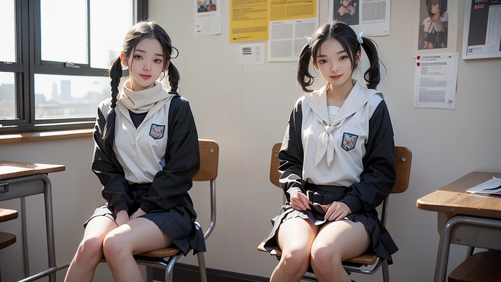 (masterpiece:1.2, Highest quality), (Realistic, photoRealistic:1.4), Beautiful illustrations,
View your viewers, avert your eyes, whole body,
1 Girl, Japanese, high school girl, (Long Hair:1.4), bLong Hair, (Twin tails:1.7), Large Breasts:0.8, White skin、Beautiful Hair, Beautiful Face, Beautiful attention to detail, Beautiful clavicle, Beautiful body, Beautiful breasts, Beautiful thighs, Beautiful feet,
(Beautiful views), , classroom, machine, Chair,
((cute , Long sleeve, Pleated skirt, Sailor collar, scarf)), White panties, shoes,
Sitting, Chairに座る,
(Captivating smile, Embarrassing, Trembling),