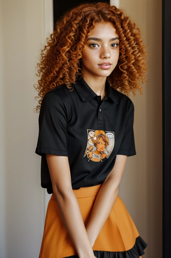 a girl with brown skin, orange hair and curls, honey colored eyes, freckles and pompous lips, almond eyes and dressed in a black collared T-shirt and black skirt