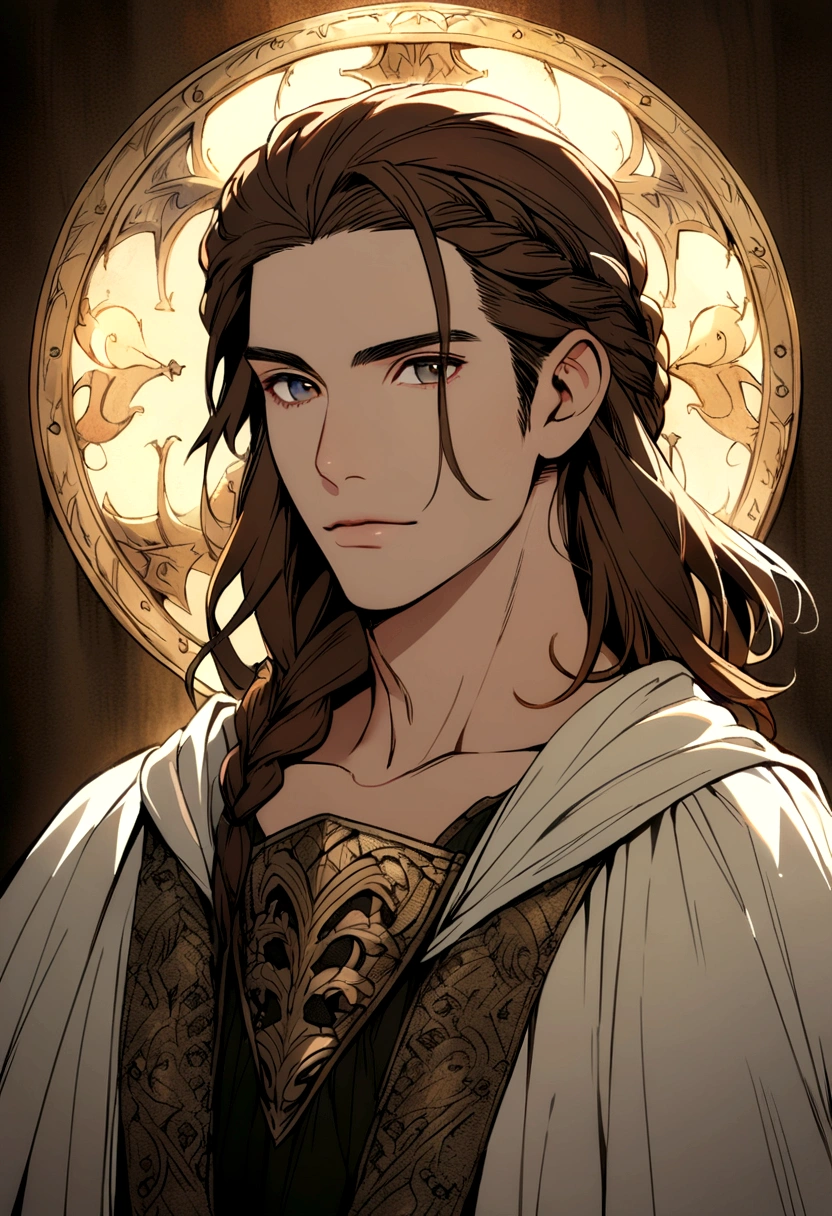 portrait art, young man in robe, brown hair with waist-length braid braid, no beard, medieval era fantasy