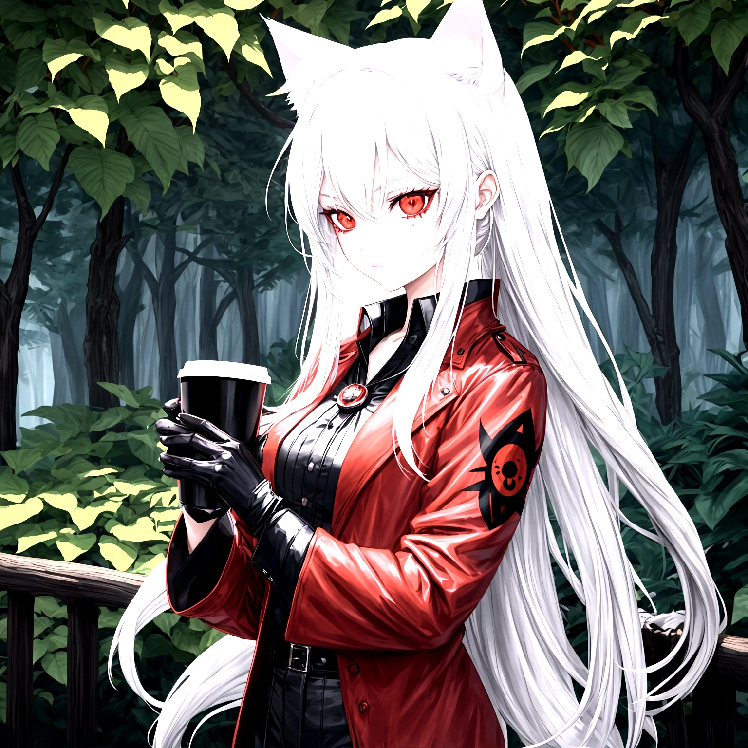 1 girl, beautiful, cool, intimidation, long hair, white hair, cat ear, red eye, black jacket, red butoned shirt, black gloves, holding a cup coffee, nature place, anime