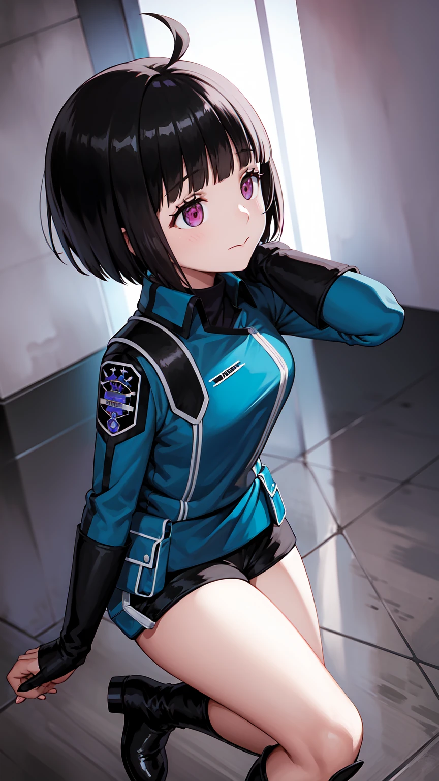 One Girl, alone, amateur_chika, short hair, Black Hair, Blunt bangs, Bobcut, Ahoge, Purple eyes, Long sleeve, Blue jacket, uniform, Black Shirt, turtleneck, Symbolism, Short black shorts, Black boots, carry a long rifle, Cowboy Shot、Thighs、Black thigh-high boots、（（（Black high heels）））whole body, face, high quality, masterpiece, 超High resolution, high quality, Attention to detail, 最high quality, High resolution