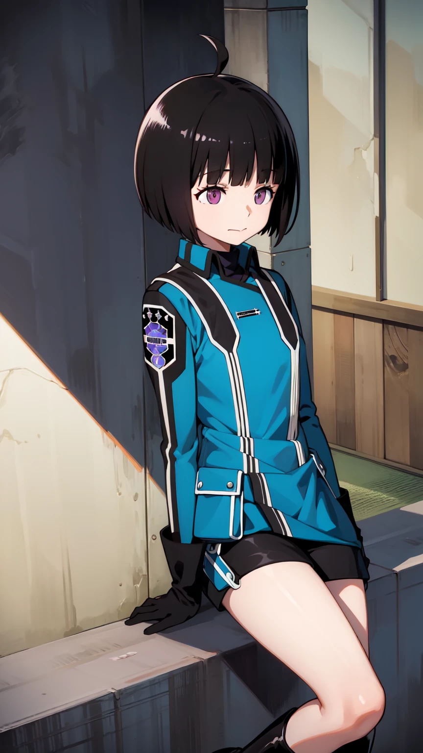 One Girl, alone, amateur_chika, short hair, Black Hair, Blunt bangs, Bobcut, Ahoge, Purple eyes, Long sleeve, Blue jacket, uniform, Black Shirt, turtleneck, Symbolism, Short black shorts, Black boots, carry a long rifle, Cowboy Shot、Thighs、Black thigh-high boots、（（（Black high heels）））whole body, face, high quality, masterpiece, 超High resolution, high quality, Attention to detail, 最high quality, High resolution