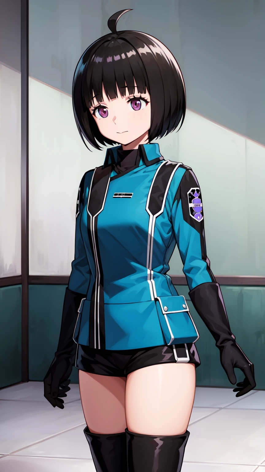 One Girl, alone, amateur_chika, short hair, Black Hair, Blunt bangs, Bobcut, Ahoge, Purple eyes, Long sleeve, Blue jacket, uniform, Black Shirt, turtleneck, Symbolism, Short black shorts, Black boots, carry a long rifle, Cowboy Shot、Thighs、Black thigh-high boots、（（（Black high heels）））whole body, face, high quality, masterpiece, 超High resolution, high quality, Attention to detail, 最high quality, High resolution