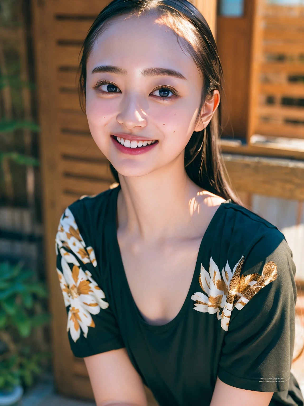 (((upper body shot))),Ultra-high resolution,big eyes,((brown eyes)),Japanese,(forehead),(a girl),(1 girl),(()),(cute),pretty,((facing at viewer)),arms behind back,grin,(((black shirt)))
