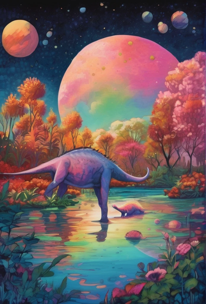 At the edge of a serene lagoon that reflects the colors of the cosmos, a family of multi-colored Parasaurolophuses grazes peacefully. The water shimmers with hues of pink, blue, and green, mirroring the vibrant patterns on the dinosaurs' skin. Surrounding the lagoon are plants that glow with an inner light, their leaves pulsing in sync with the rhythm of the universe. Above, planets and moons drift lazily across a star-studded sky, casting a tranquil glow over this idyllic, psychedelic scene.
, the scene is captured in dimly lit dark fantasy but vibrant colors, with bold ink lines defining form against the watercolor wash of the aged paper