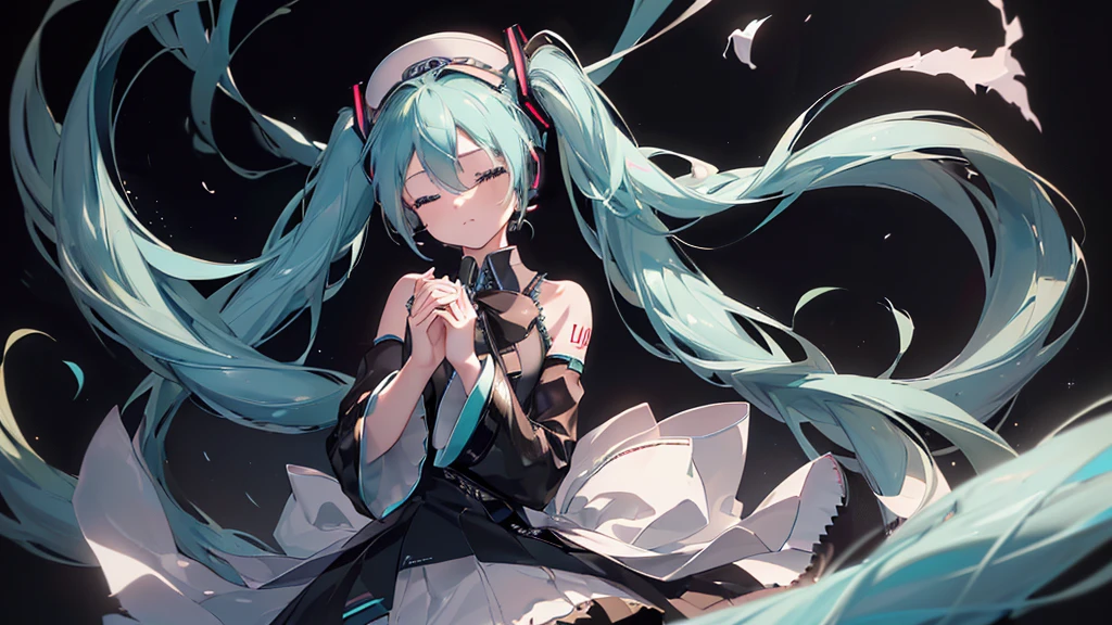 ((Black background)), (Eyes closed)), (((Hatsune Miku))), (((Highest quality、masterpiece、Ultra-fine、Ultra-fine、Exquisite、16K、Full HD,high school girl,))) 、Dark Eyes、Long eyelashes、White skin、(thin and long)、 ((cute)) ((One person)) 、((Beautiful hands))