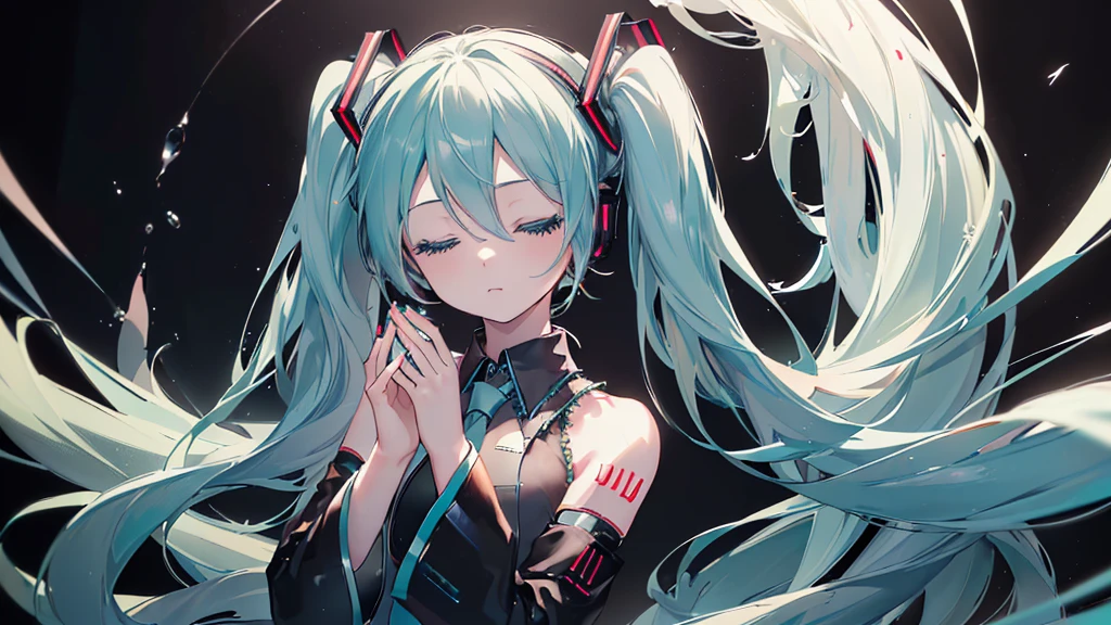 ((Black background)), (Eyes closed)), (((Hatsune Miku))), (((Highest quality、masterpiece、Ultra-fine、Ultra-fine、Exquisite、16K、Full HD,high school girl,))) 、Dark Eyes、Long eyelashes、White skin、(thin and long)、 ((cute)) ((One person)) 、((Beautiful hands))