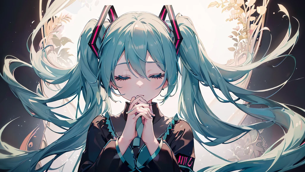 ((Black background)), (Eyes closed)), (((Hatsune Miku))), (((Highest quality、masterpiece、Ultra-fine、Ultra-fine、Exquisite、16K、Full HD,high school girl,))) 、Dark Eyes、Long eyelashes、White skin、(thin and long)、 ((cute)) ((One person)) 、((Beautiful hands))