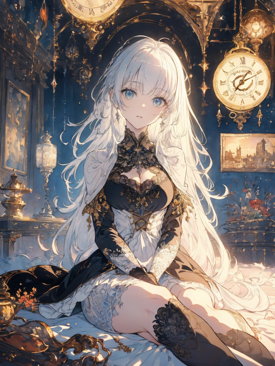 (Landscape photo, with a woman in the bottom right of photo:1.5, in white room with many clocks:1.5, Official art using high-quality hand-drawn watercolor sketch techniques), Masterpiece, best quality, (very detailed CG unity 8k wallpaper), (best quality), High definition RAW color art, Animation,sculptures, (black Marble Skin), (((Ultra detailed elegant))), Magical atmosphere, Detailed skin, Texture,(Intricately detailed, Fine detail, ultra-detail art), depth of fields, Bokeh, Silky Touch, Hyper Detail, beautiful eyes, elegant face, (spread legs:1.3, lying on floor, looking from below), sparkle background, enormous breast:1.5, (silver hair), pure white, muscle, embarrassing face, ドラマチックな光, maid costume, spread breast