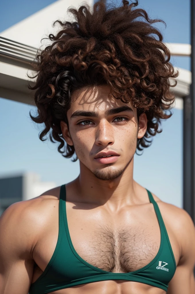 naughty man, 21 years old brown skin curly hair, greeneyes, freckles on the face, large eyelashes, marked jaw, athlete&#39;s body 
