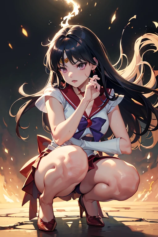 (Highly detailed CG Unity 8k wallpaper), (masterpiece), (Highest quality), (Super detailed), (Best illustrations), (Best Shadow), (Absurd), (Highly detailed CG Unity 8k wallpaper), Break Girl, Sweat, vapor, Mid-chest, shy, Detailed hands, Sailor Mars,I'm injured、On one knee、Crippling、The costume is torn、Bleeding、enduring pain
