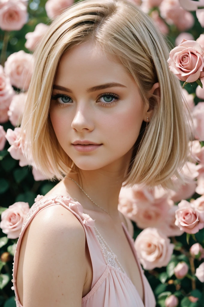 8k, photo and gross, fujifilm, Style photography of a beautiful young girl like Avril in a light pink rose garden. (very detailed skin: 1.2) Style-Petal BREAK short hair, blonde hair with colored highlights, wearing a dress, film grain, 35mm, beautiful style