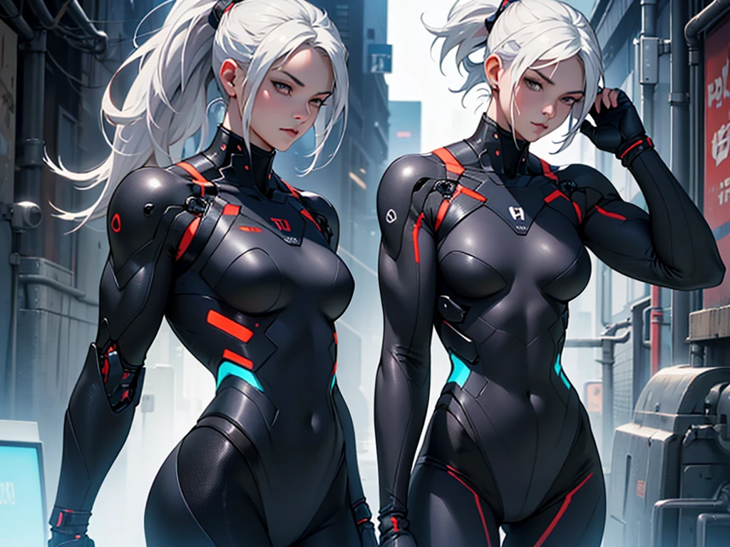 Beautiful cybernetic girl detailed muscles realistic masterpieces full figure pose (best quality,ultra-detailed), white hair in ponytail, fair skin, fit body, slim figure, narrow waist, (cocky expression), black carbon fiber cybernetic mobile combat suit