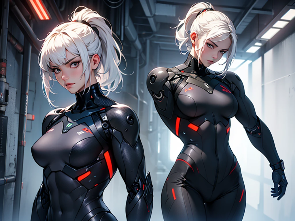 Beautiful cybernetic girl detailed muscles realistic masterpieces full figure pose (best quality,ultra-detailed), white hair in ponytail, fair skin, fit body, slim figure, narrow waist, (cocky expression), black carbon fiber cybernetic mobile combat suit